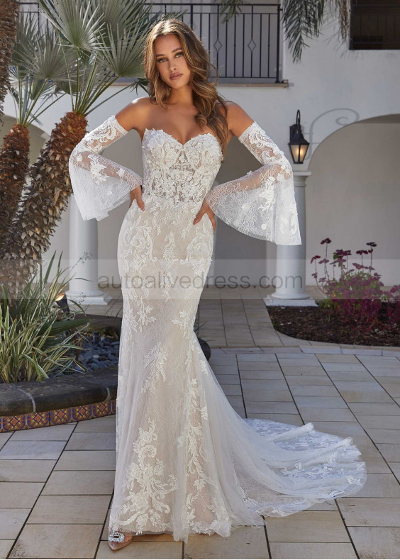 Beaded Lace Tulle Bohemian Wedding Dress With Detachable Sleeves Straps